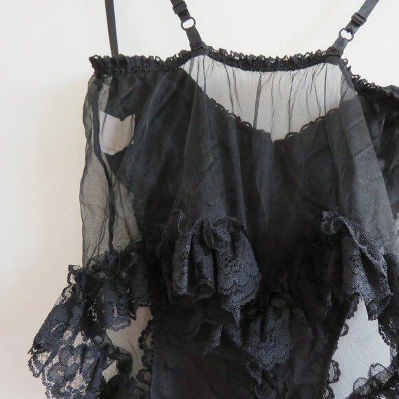 VINTAGE EMIL BOLE Lace Ruffle Black Mesh Velvet Metallic Bodysuit Teddy Goth - Picture 10 of 14